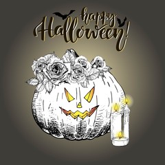 Vector greeting card for Halloween. Pumpkin Jack-O-Lantern. Wearing floral crown. With candles, bats and lettering.