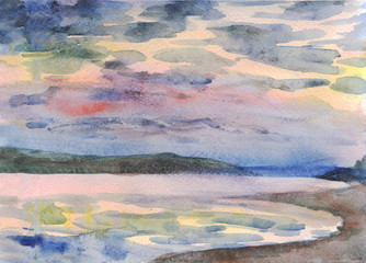 Evening landscape. Watercolor painting