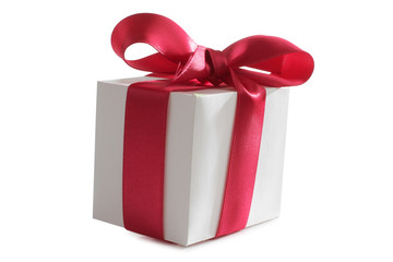 Box and red ribbon on white background