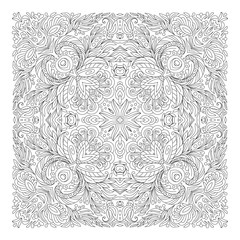 Coloring book square page for adults - floral authentic carpet design, joy to older children and adult colorists, who like line art and creation, vector illustration