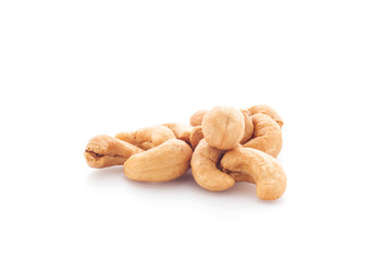Cashew nuts snack food on white background.