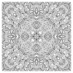 Coloring book square page for adults - floral authentic carpet design, joy to older children and adult colorists, who like line art and creation, vector illustration