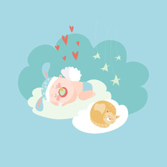 Cute baby angel sleeping with cat