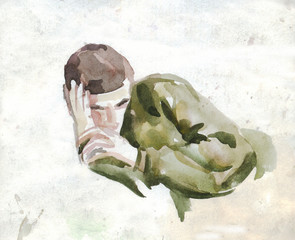 Watercolor sketch. Sleeping male