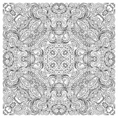 Coloring book square page for adults - floral authentic carpet design, joy to older children and adult colorists, who like line art and creation, vector illustration