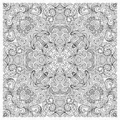 Coloring book square page for adults - floral authentic carpet design, joy to older children and adult colorists, who like line art and creation, vector illustration
