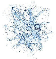ice cubes with water splashes on white background
