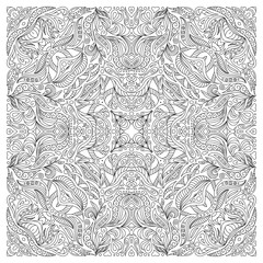 Coloring book page for adult, square form. Vector abstract pattern with floral ornament.