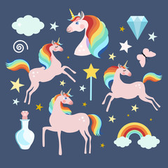 Magic fairy unicorn elements collection, isolated vector objects, flat design