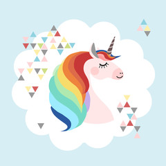 Unicorn head with rainbow mane and boho triangles in the background, vector illustration