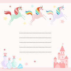 Fairy birthday party greeting card, invitation with unicorns, castle and magical bottles, vector illustration, flat design
