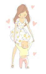 Mother and baby. First step.