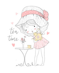 Girl with tea and lettering