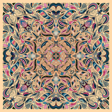 Vector ornament floral Bandana Print, silk neck scarf or kerchief square pattern design style for fabric. Apparel art.