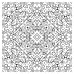 Coloring book page for adult, square form. Vector abstract pattern with floral ornament.