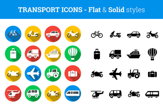 Travel and transport icon set – flat and solid style