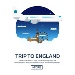 Trip to England. Travelling illustration. Modern flat design. Travel by airplane, vacation, adventure, trip. Time to travel
