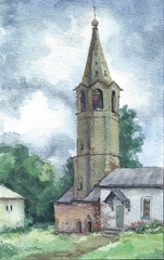 Fototapeta na wymiar Bell tower in Russia, watercolor
