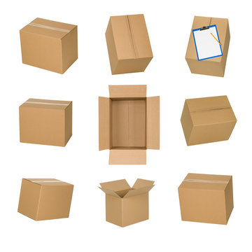 Cardboard boxes set isolated on white background.