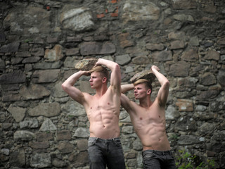 Muscular twins on stony wall
