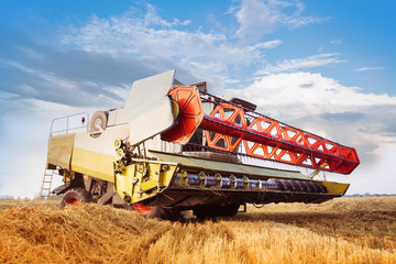 Fototapeta premium Combine-harvester collecting wheat grain. Close-up. Cloud blue sky. Horizontal. Working concept