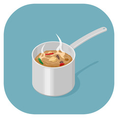 Vector isometric illustration of Hot food being cooked in saucepan icon.
Cooking Dinner Icon.