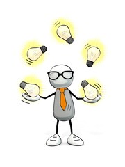 little sketchy man with tie and glasses juggling with glowing light bulbs
