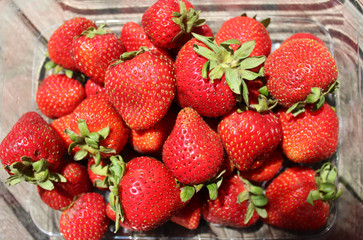 Strawberries - Ripe, Red Strawberries in a Carton on Table - Summer background