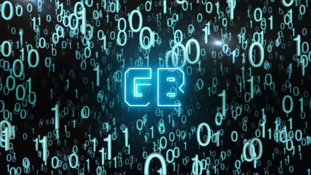 Seamless looping animation with the word GB composed into falling bluish binary code
