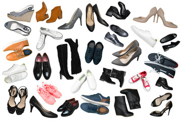 Collection of various types of female shoes over white - obrazy, fototapety, plakaty