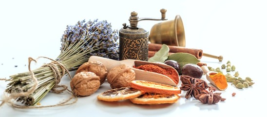 Herbs and spices composition isolated on white background - Powered by Adobe