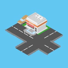 Isometric street with road cross and store by it. Isometric cars on the road.