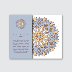 Template for brochure card with hand drawn colorful mandala. Vin