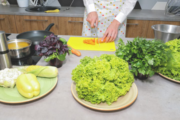 Male chef slicing vegetables