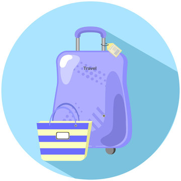 Travel suitcase and beach bag flat style vector illustration