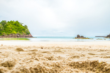 Beach sand and sea with rock,Landscape view of sea,Summer Concep