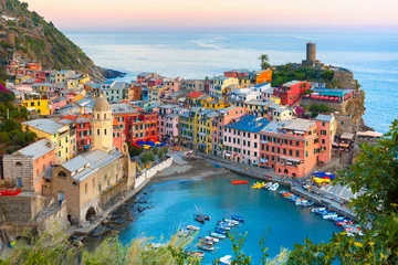 Washable wall murals Liguria Aerial view of Vernazza fishing village at sunset, seascape in Five lands, Cinque Terre National Park, Liguria, Italy.