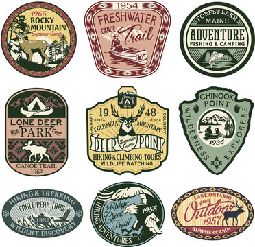 Vintage mountain badges, vector badge and patches collection for t-shirt print, embroidery, sticker