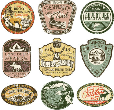 Grunge vintage mountain badges, vector badge and patches collection for t-shirt print, embroidery, sticker