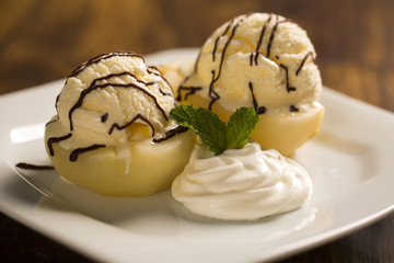 Dessert with ice cream and poached pears