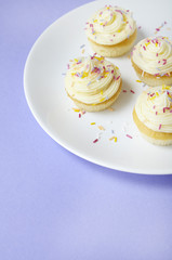A plate of cupcakes with vanilla frosting and sprinkles on a purple background
