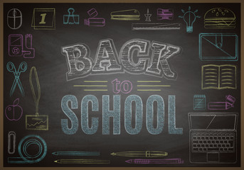 Back to school background, vector illustration. Colored chalk on blackboard
