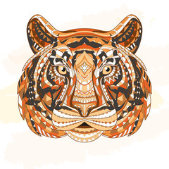 Detailed Patterned head of the tiger. African indian totem Ethnic tribal aztec design. On the grunge background. It may be used for a t-shirt, bag, postcard, poster and so. Vector illustration