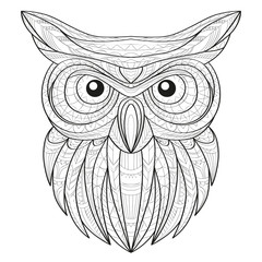 Hand drawn doodle outline owl illustration. Decorative in African indian totem Ethnic tribal aztec design. Sketch for adult antistress coloring page.