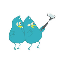 Birds doing a selfie. The pigeons are photographed with monopod. Vector illustration.