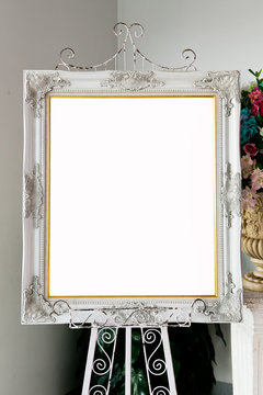Silver picture frame and stand in wedding