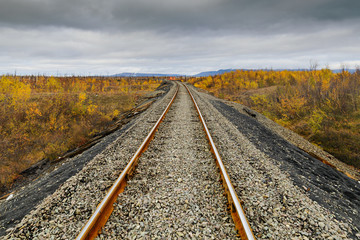 Fototapeta premium Railway track. Late autumn in the Arctic tundra.