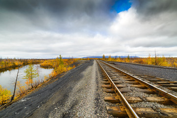 Railway track. Late autumn in the Arctic tundra.