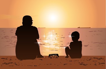 Father and son sitting on the beach and watching sunset. Eps10 sparated by grous and layers