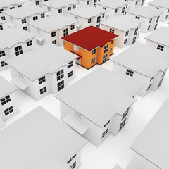 Colored house among gray houses, 3D-Illustration